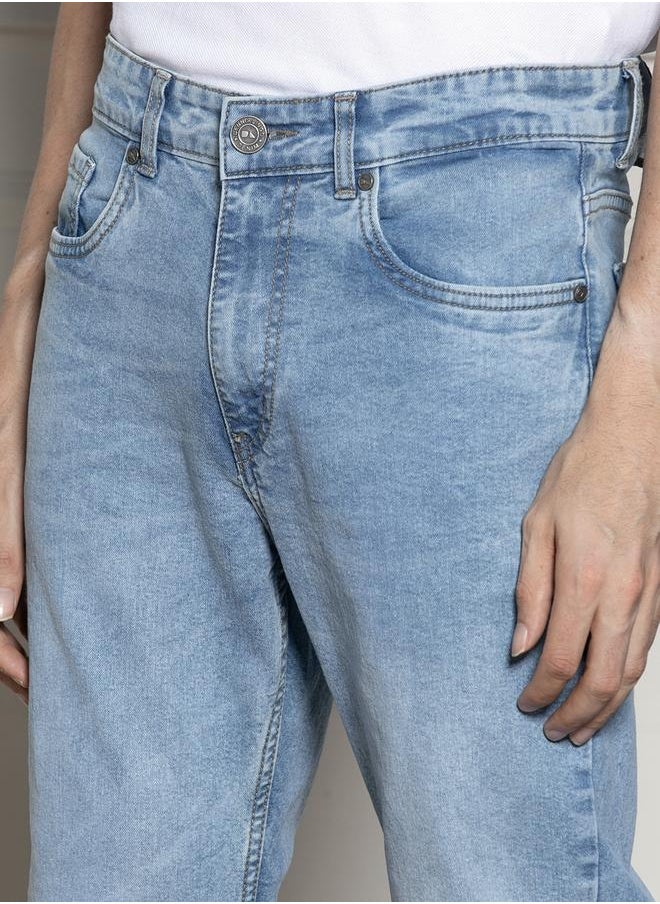 Relaxed Fit Light Blue Men's Jeans with Button & Zip Closure (Cotton Blend)