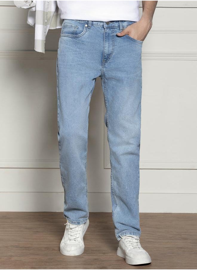Relaxed Fit Light Blue Men's Jeans with Button & Zip Closure (Cotton Blend)