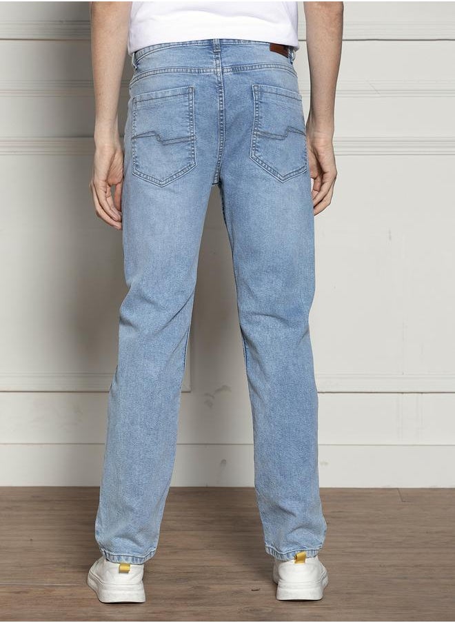Relaxed Fit Light Blue Men's Jeans with Button & Zip Closure (Cotton Blend)