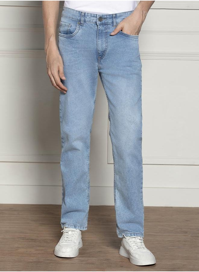 Relaxed Fit Light Blue Men's Jeans with Button & Zip Closure (Cotton Blend)