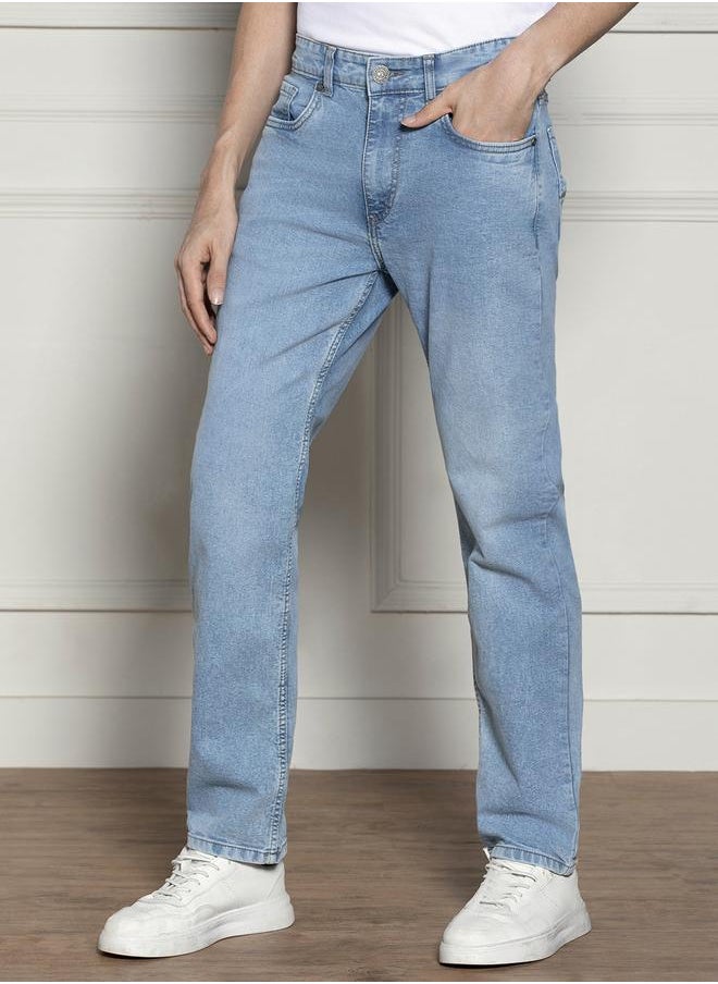 Relaxed Fit Light Blue Men's Jeans with Button & Zip Closure (Cotton Blend)