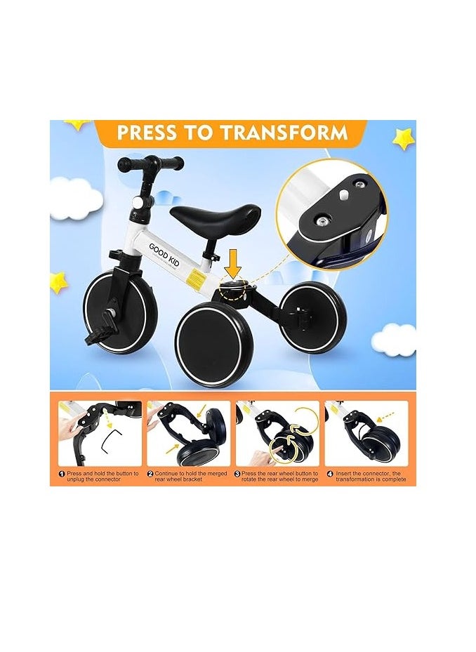 Kids Balance Bike Kids Tricycles for 1-4 Years, Toddlers Trike with Adjustable Seat Indoor Outdoor, Boys Girls Kids First Birthday Gifts White