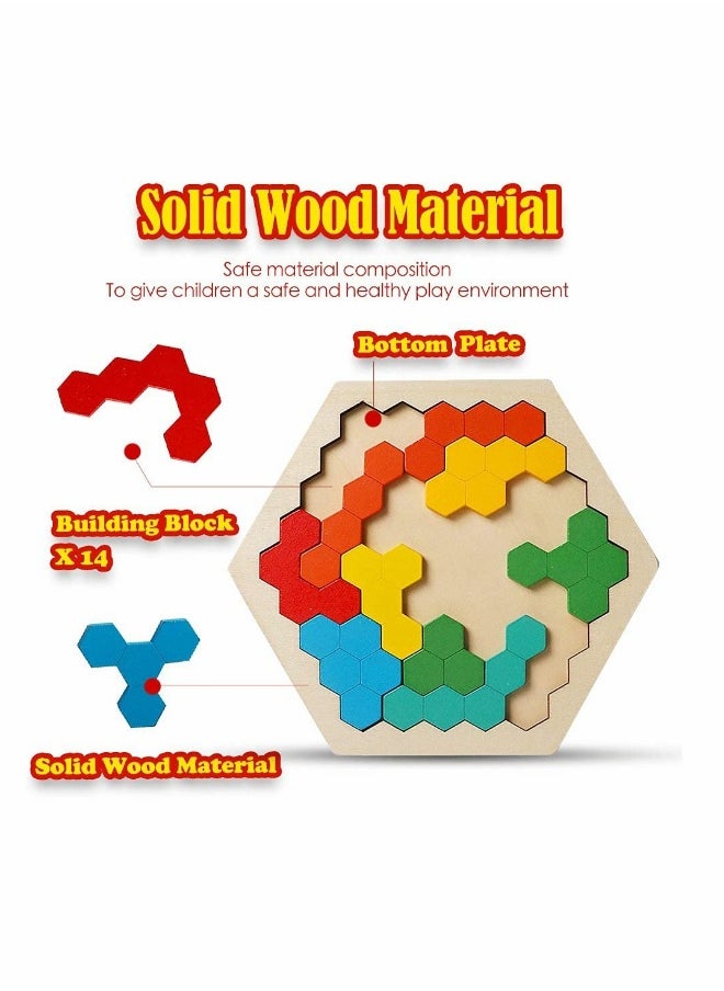 Wooden Hexagon Puzzle,Brain Teasers Toy Tangram Jigsaw Shape Pattern Block Colorful Toy Geometry Logic IQ Game STEM Montessori Educational Gift for All Ages Kids Children Adults Boys Girls Challenge