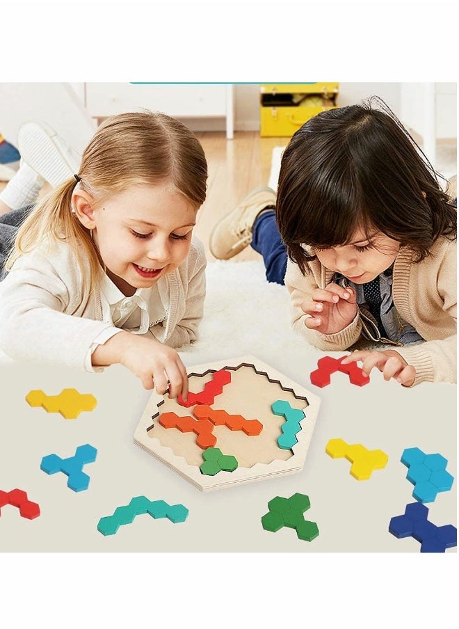 Wooden Hexagon Puzzle,Brain Teasers Toy Tangram Jigsaw Shape Pattern Block Colorful Toy Geometry Logic IQ Game STEM Montessori Educational Gift for All Ages Kids Children Adults Boys Girls Challenge
