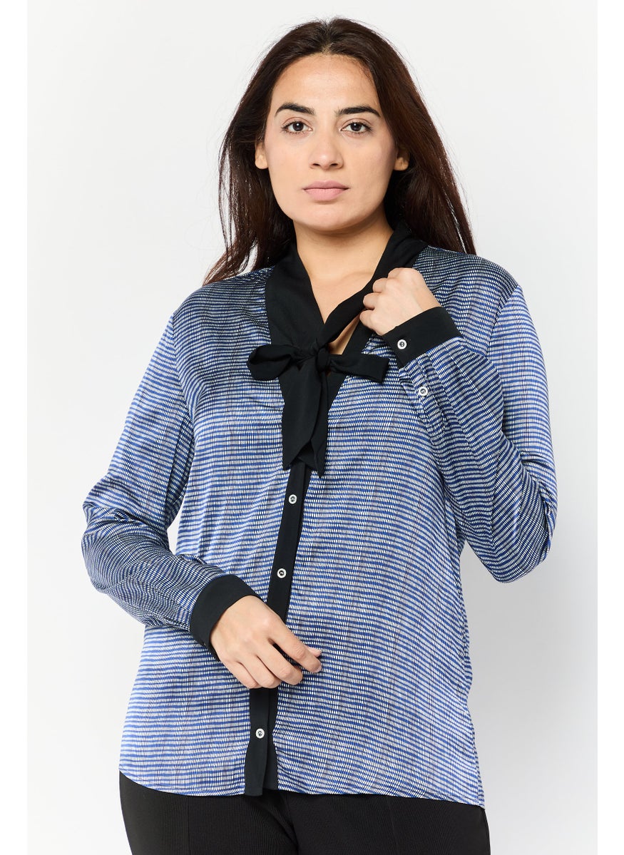 Women Tie Neck Long Sleeve Allover Print Shirt, Blue