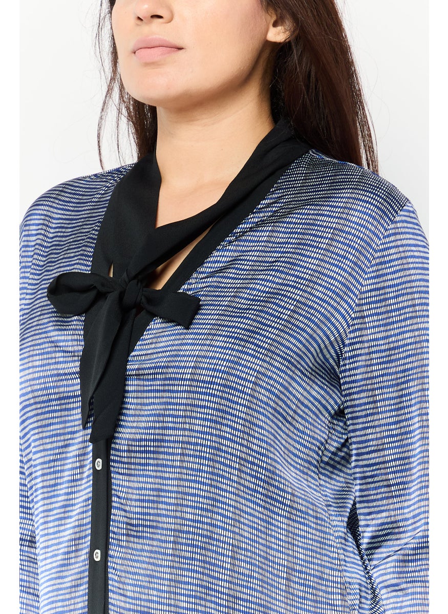 Women Tie Neck Long Sleeve Allover Print Shirt, Blue
