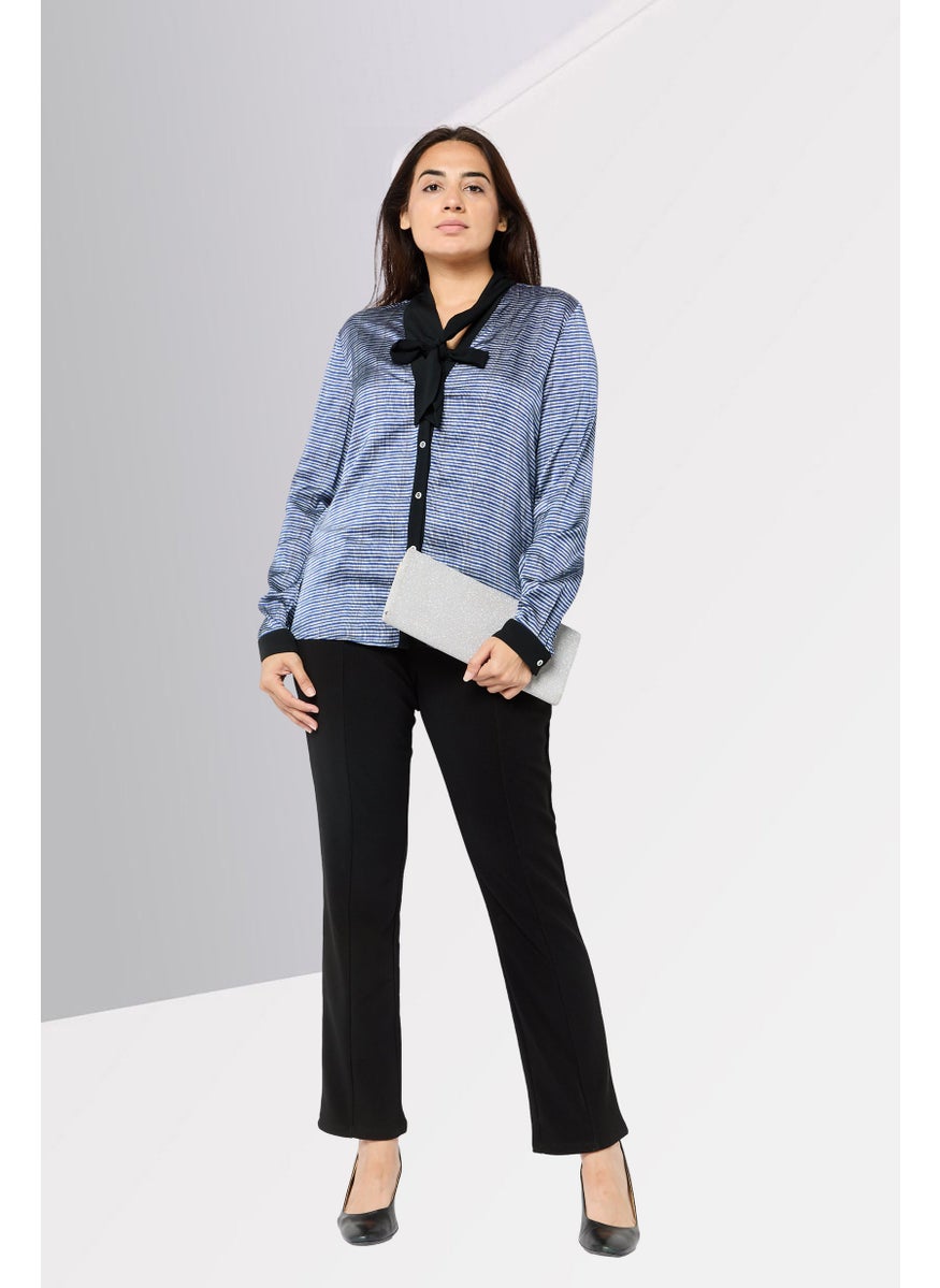 Women Tie Neck Long Sleeve Allover Print Shirt, Blue