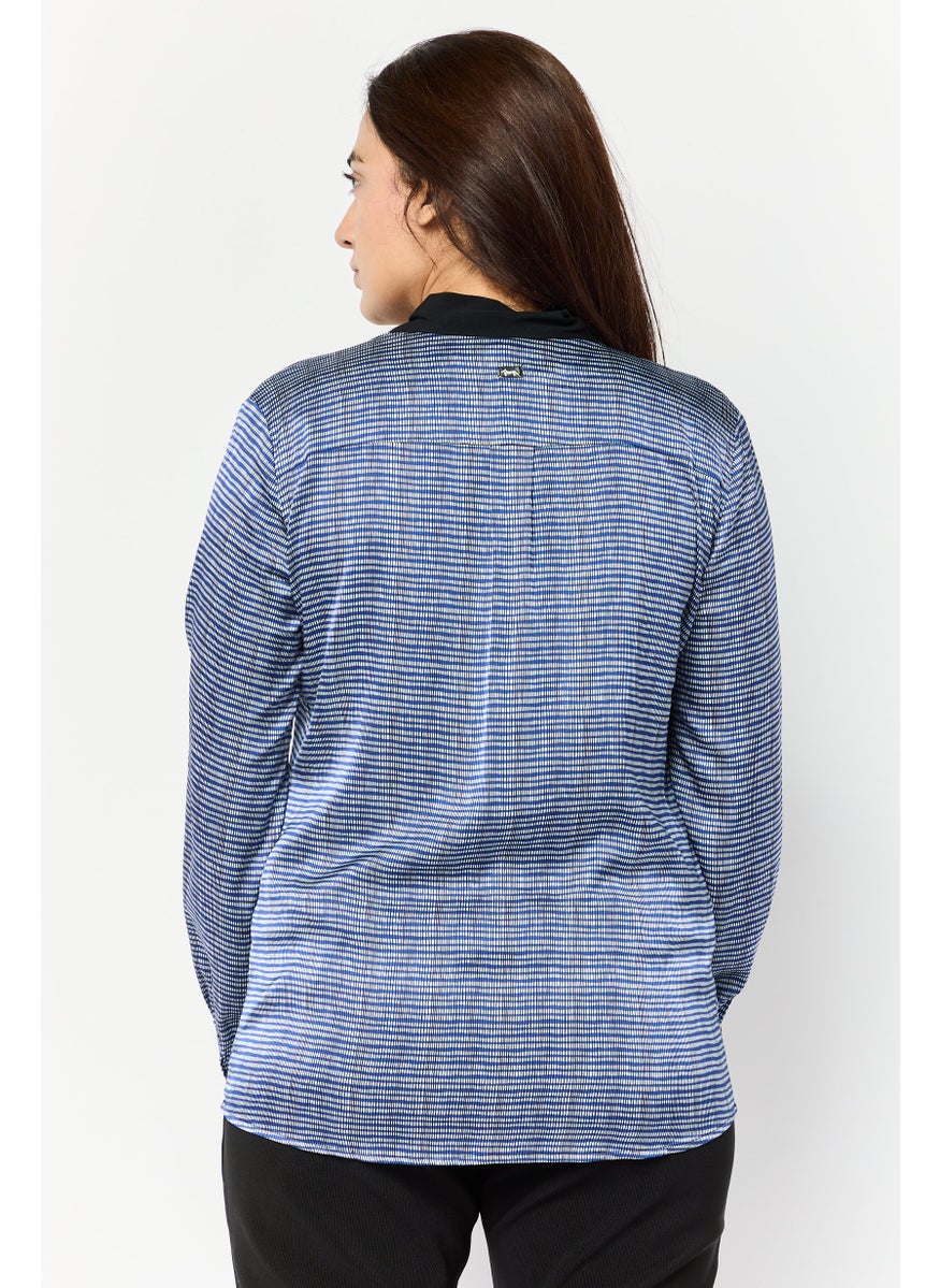 Women Tie Neck Long Sleeve Allover Print Shirt, Blue
