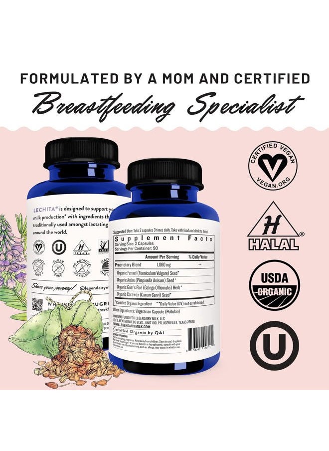 Lechita, Supports Milk Flow, Organic Fenugreek Free Breastfeeding Supplement, Organic Fennel & Anise, Made in USA, 180 Vegan Capsules
