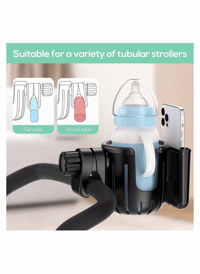 Stroller Cup Holder Bike Cup Holder Upgraded Version 2 in 1 Cup Holder with Phone Holder Large Caliber 360 Degrees Rotation Drink Holder Universal Cup Holder for Stroller Bike Wheelchair Scooter