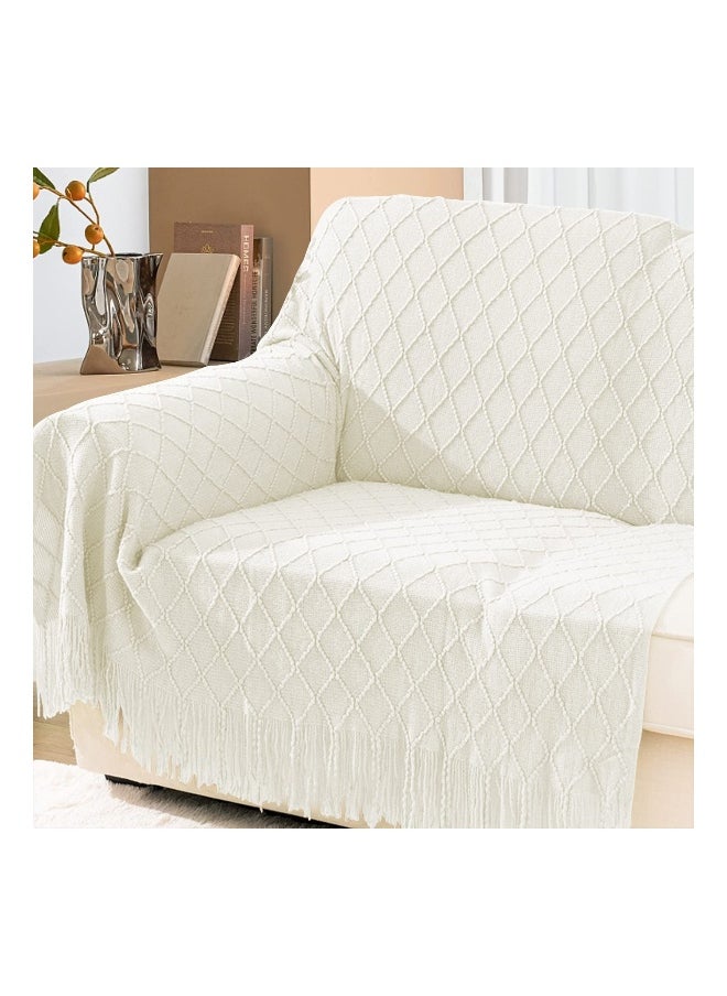 Knitted Throw Blankets for Couch and Bed, Soft Cozy Knit Blanket with Tassel, Off White Lightweight Decorative Blankets and Throws, Farmhouse Warm Woven Blanket for Men and Women (127CM x 180CM)