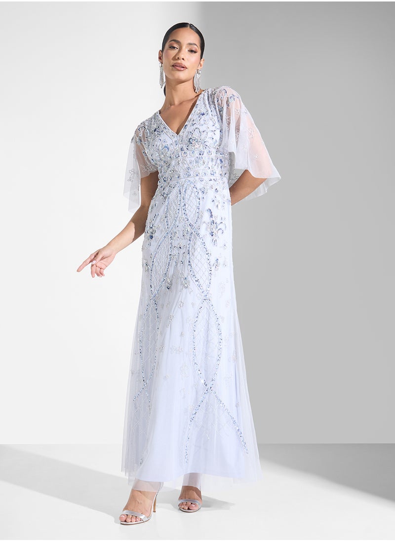 Embellished V- Neck Maxi Dress