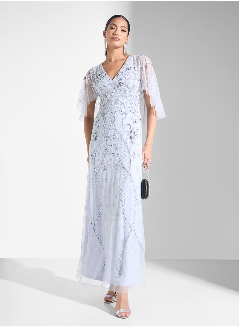 Embellished V- Neck Maxi Dress
