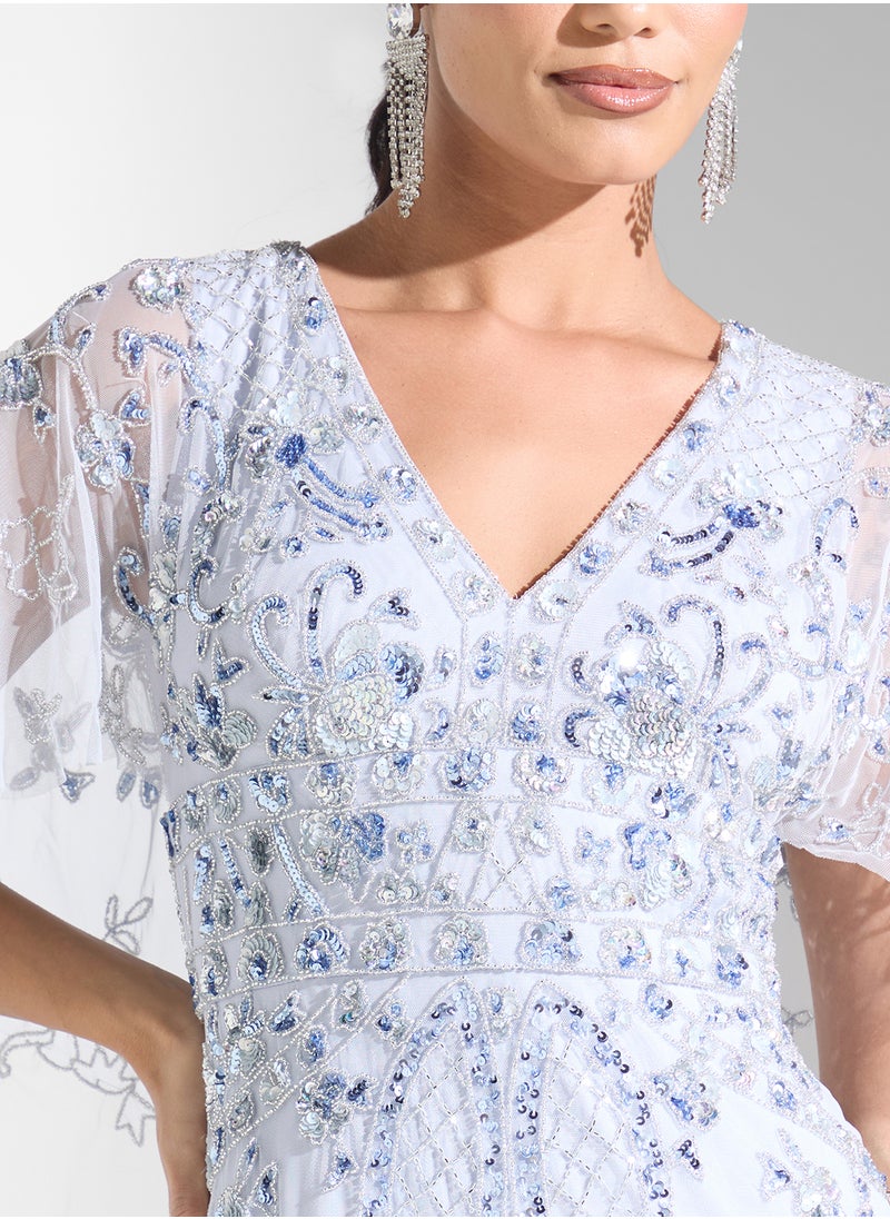 Embellished V- Neck Maxi Dress