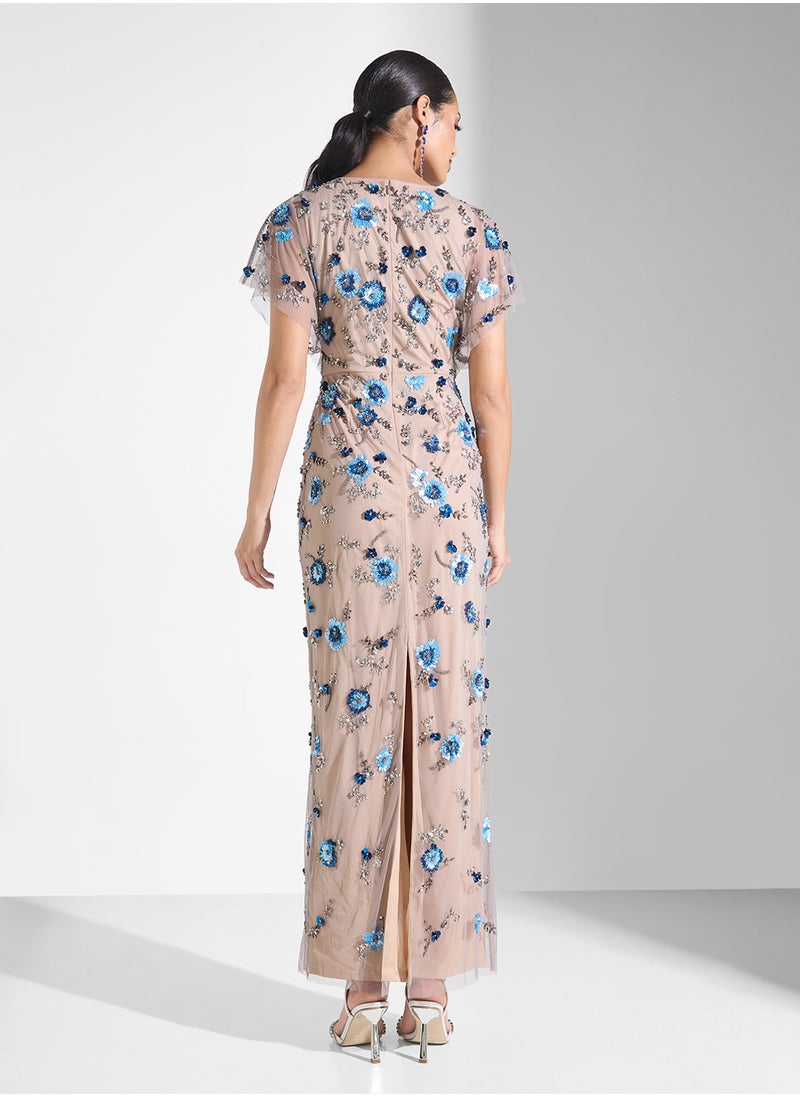 Embellished Flutter Sleeve Maxi Dress