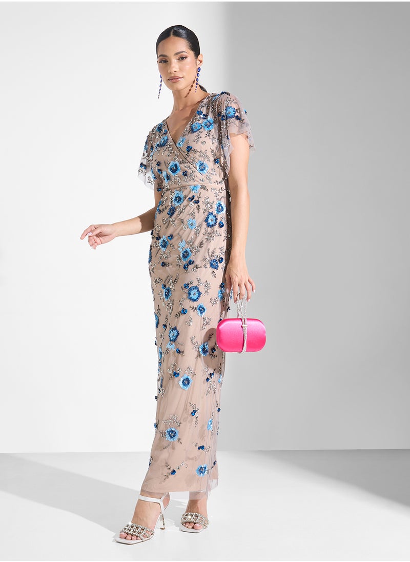 Embellished Flutter Sleeve Maxi Dress