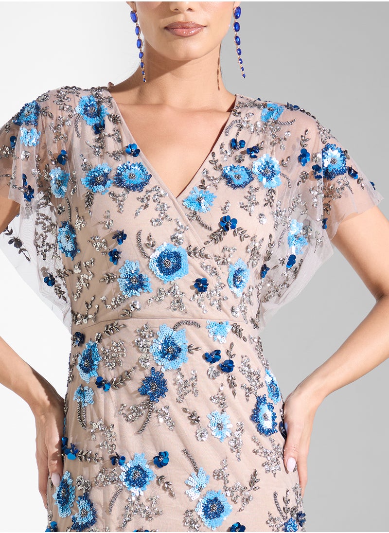 Embellished Flutter Sleeve Maxi Dress