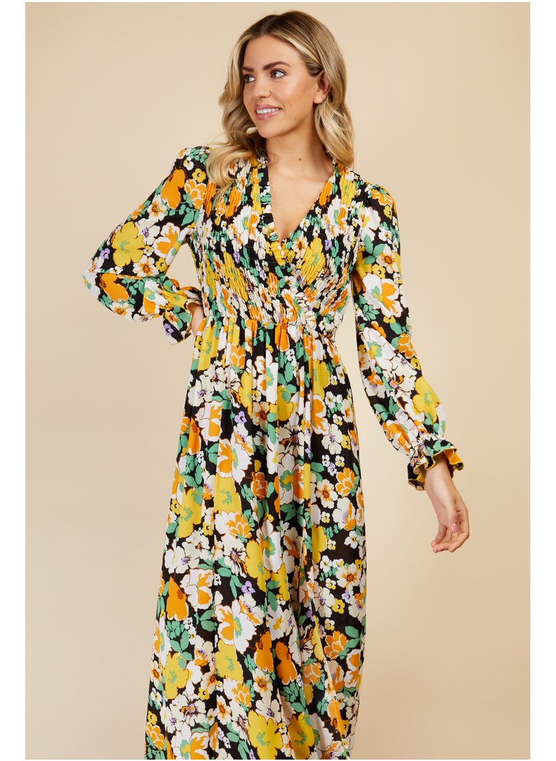 Vintage Floral Shirred Mock Wrap Maxi Dress