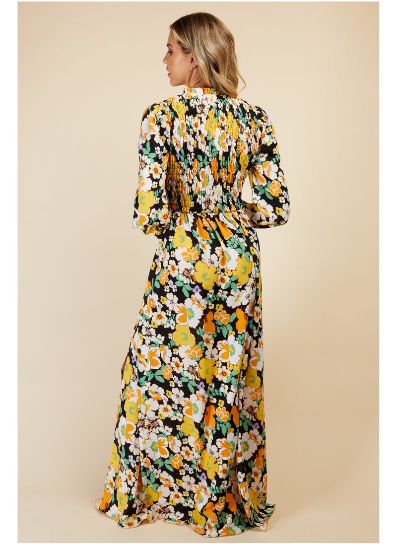 Vintage Floral Shirred Mock Wrap Maxi Dress