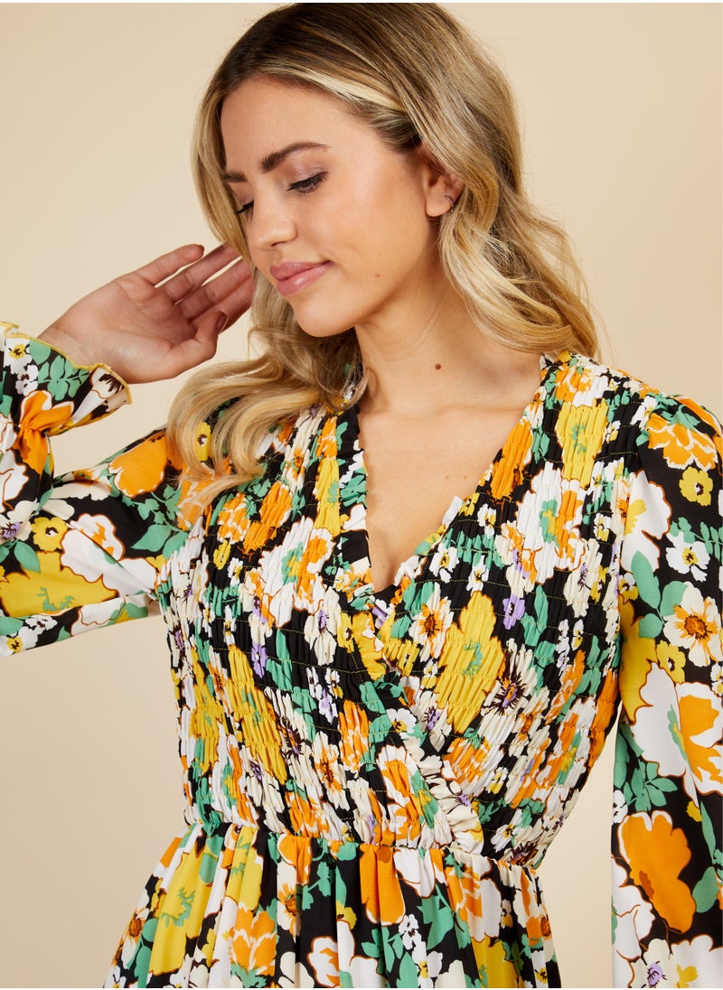 Vintage Floral Shirred Mock Wrap Maxi Dress