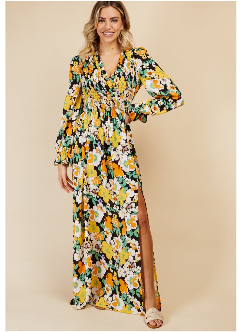 Vintage Floral Shirred Mock Wrap Maxi Dress