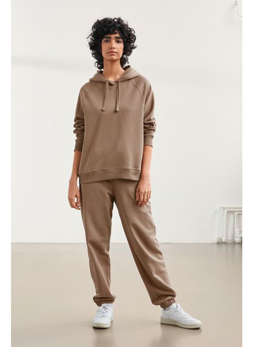 Women Hooded Plain Long Sleeves Sweatshirt, Tan