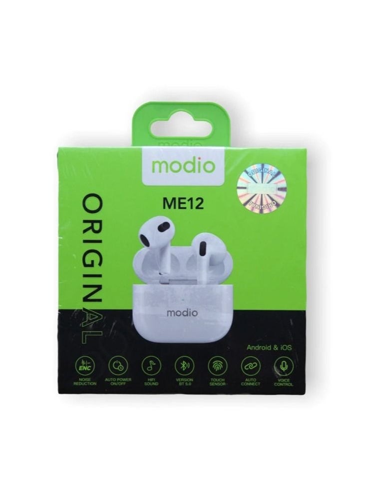 ME12 Bluetooth Wireless Earphones || Superior Stereo Sound, Comfortable Fit, Long-Lasting Battery, Noise Isolation, Touch Controls – Perfect for Music, Calls & Hands-Free Use – Compatible with Android, iOS, and Bluetooth Devices – White