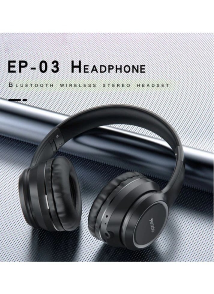 EP03 Foldable Wireless Bluetooth Headphones || BT 5.3 Over-Ear Headset with Hi-Fi Stereo Sound, Noise Isolation, Built-in Mic & Micro USB Charging – Lightweight, Travel-Friendly Audio Solution – Black