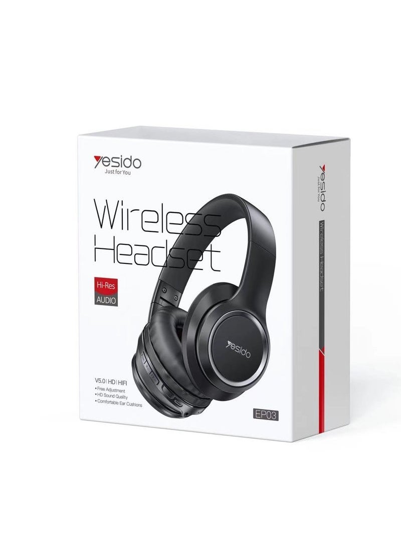 EP03 Foldable Wireless Bluetooth Headphones || BT 5.3 Over-Ear Headset with Hi-Fi Stereo Sound, Noise Isolation, Built-in Mic & Micro USB Charging – Lightweight, Travel-Friendly Audio Solution – Black
