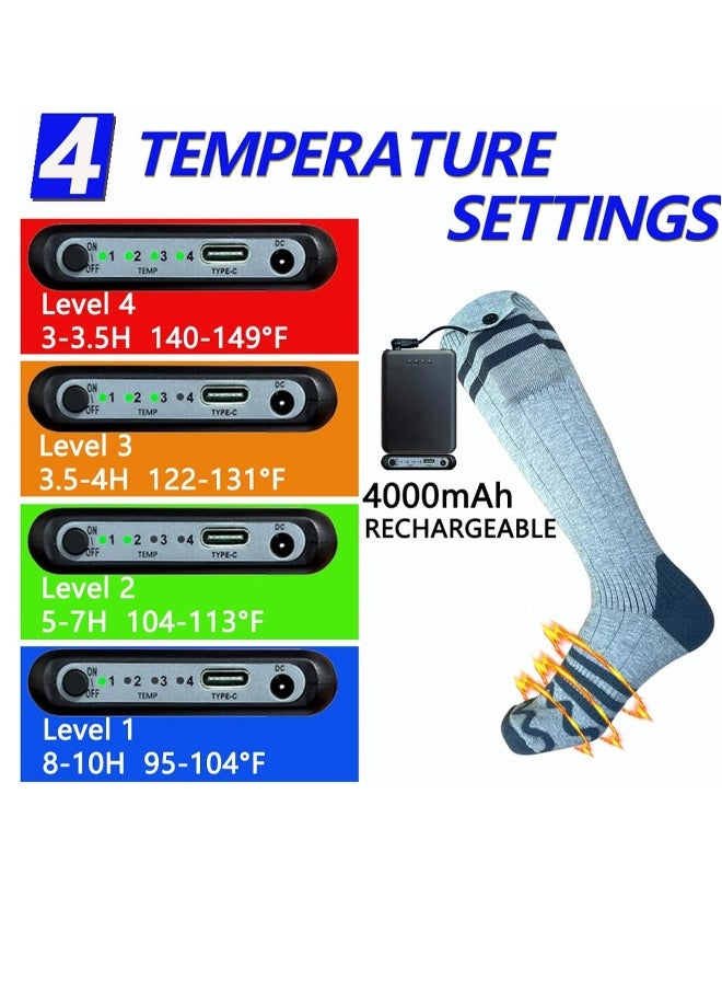 Heated Socks for Men Women 4000mAh Rechargeable Battery 10 Hours Heating and Full Sole Heating 4 Levels Temperature Control Suitable for Fishing Hunting Skiing