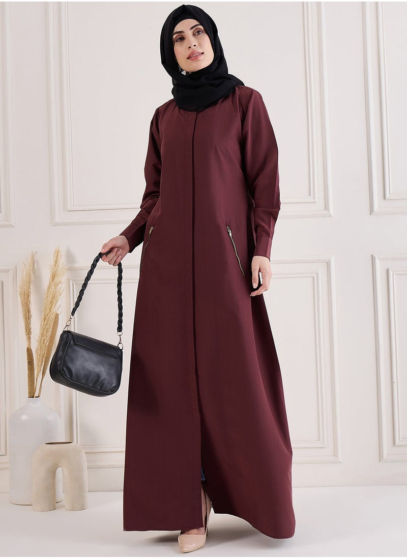 Maroon Nida Abaya with Front Zipper & Pockets