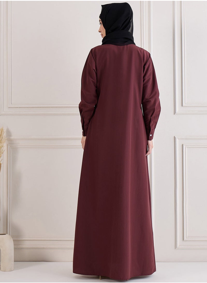 Maroon Nida Abaya with Front Zipper & Pockets