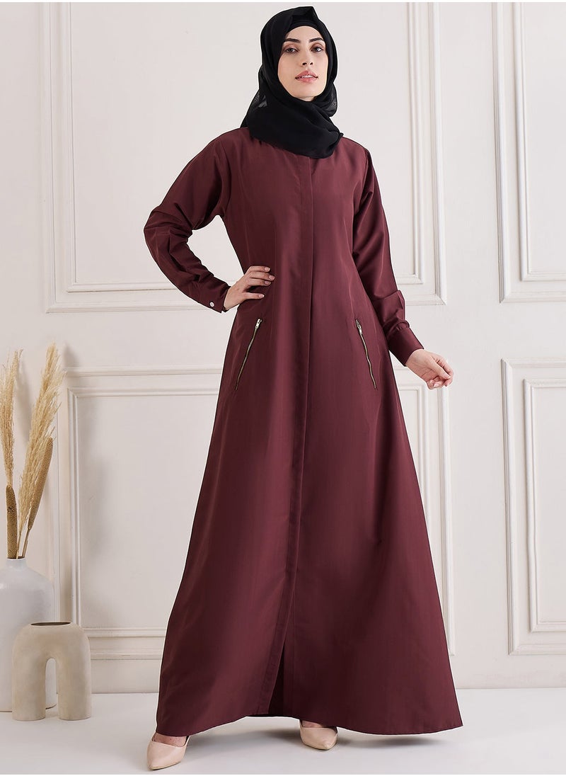 Maroon Nida Abaya with Front Zipper & Pockets