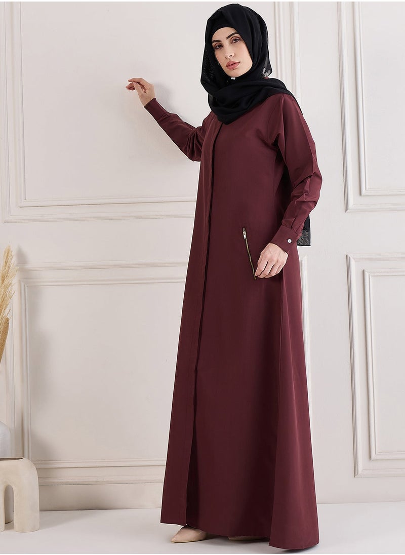 Maroon Nida Abaya with Front Zipper & Pockets