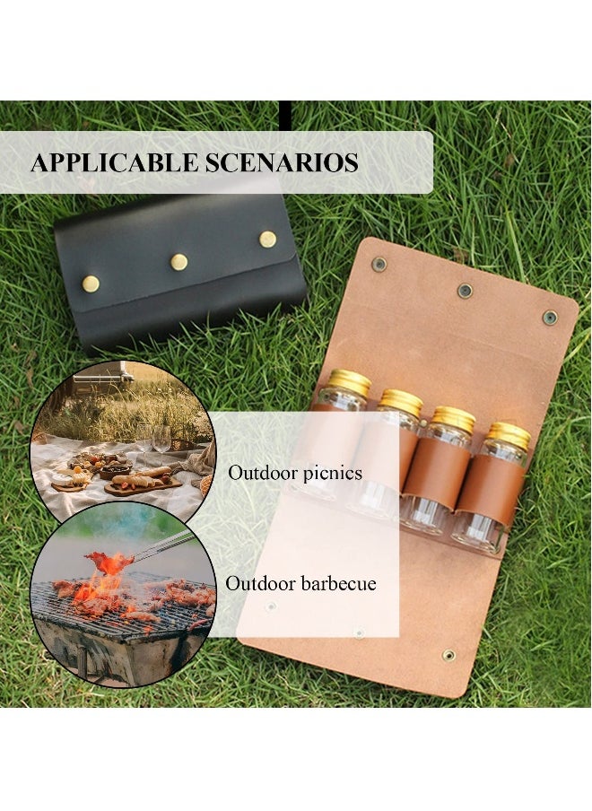 Portable Camping Spice Storage Bag with 4 Spice Jars, Camping Spice Set Kit, Outdoor Spice Containers, PU Leather Camping Seasoning Condiment Organizer for Travel Hiking BBQ
