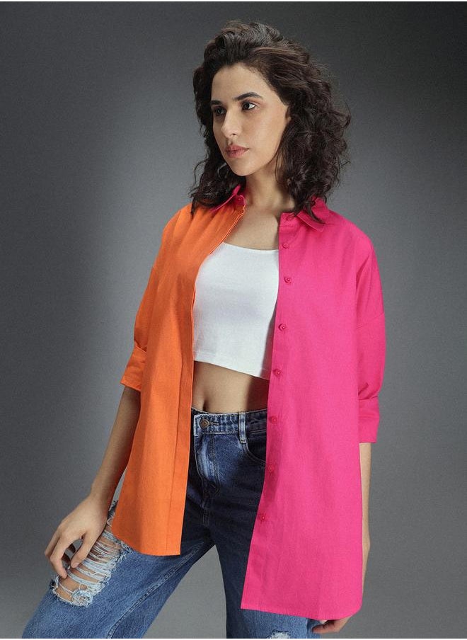 Stay effortlessly stylish with this comfortable Multicolour Oversized Shirts ColorBlock design crafted from 100% Cotton featuring Long Sleeves with Button closure.