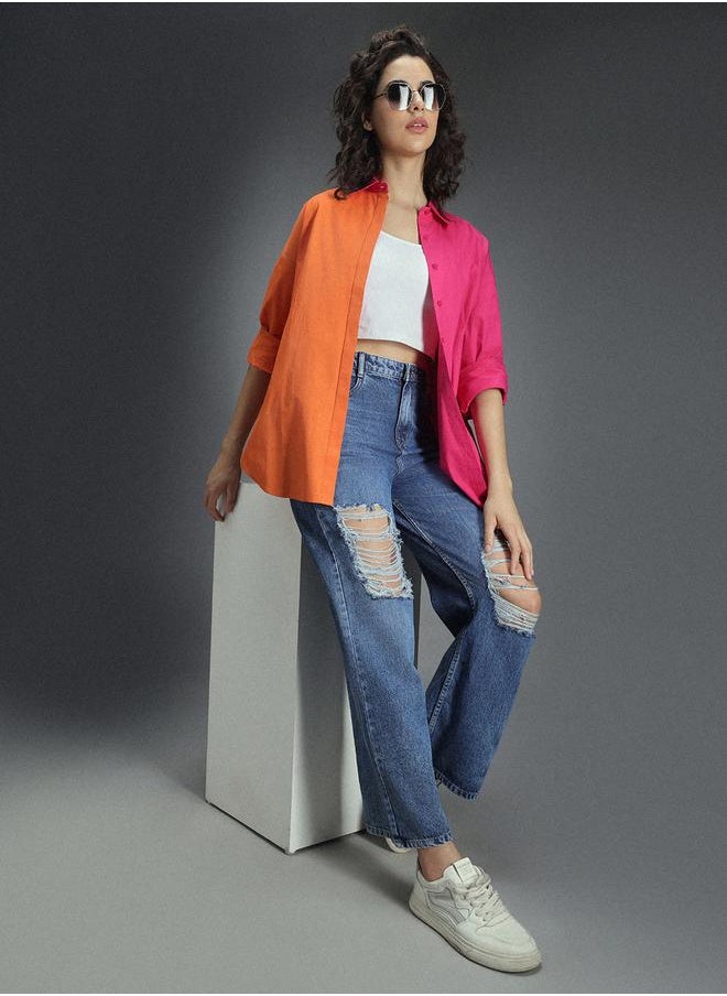 Stay effortlessly stylish with this comfortable Multicolour Oversized Shirts ColorBlock design crafted from 100% Cotton featuring Long Sleeves with Button closure.