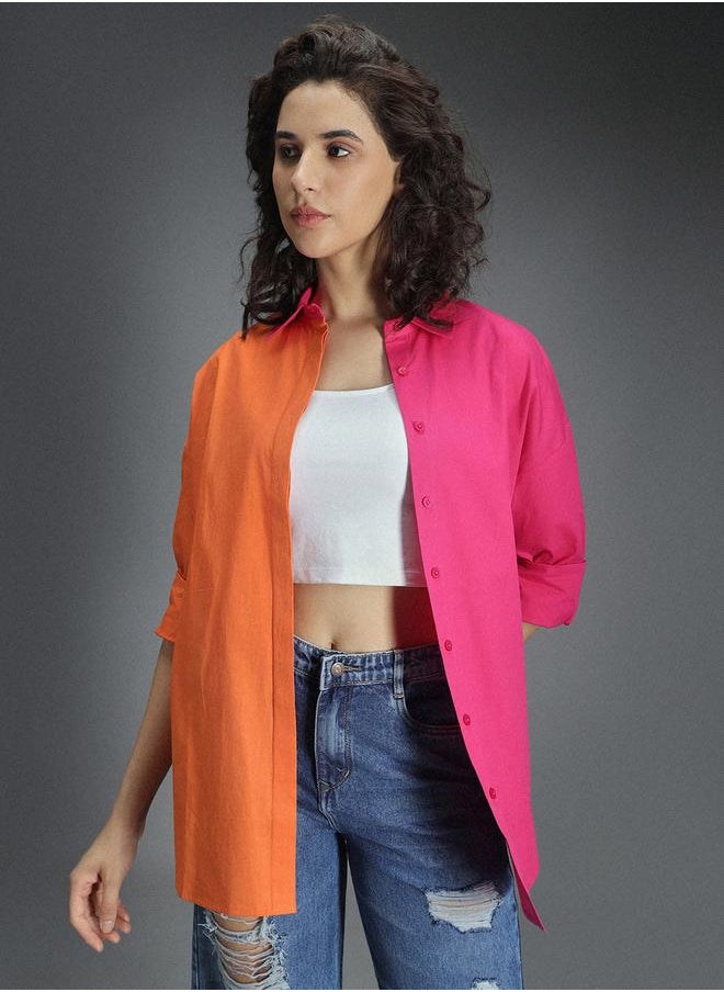 Stay effortlessly stylish with this comfortable Multicolour Oversized Shirts ColorBlock design crafted from 100% Cotton featuring Long Sleeves with Button closure.
