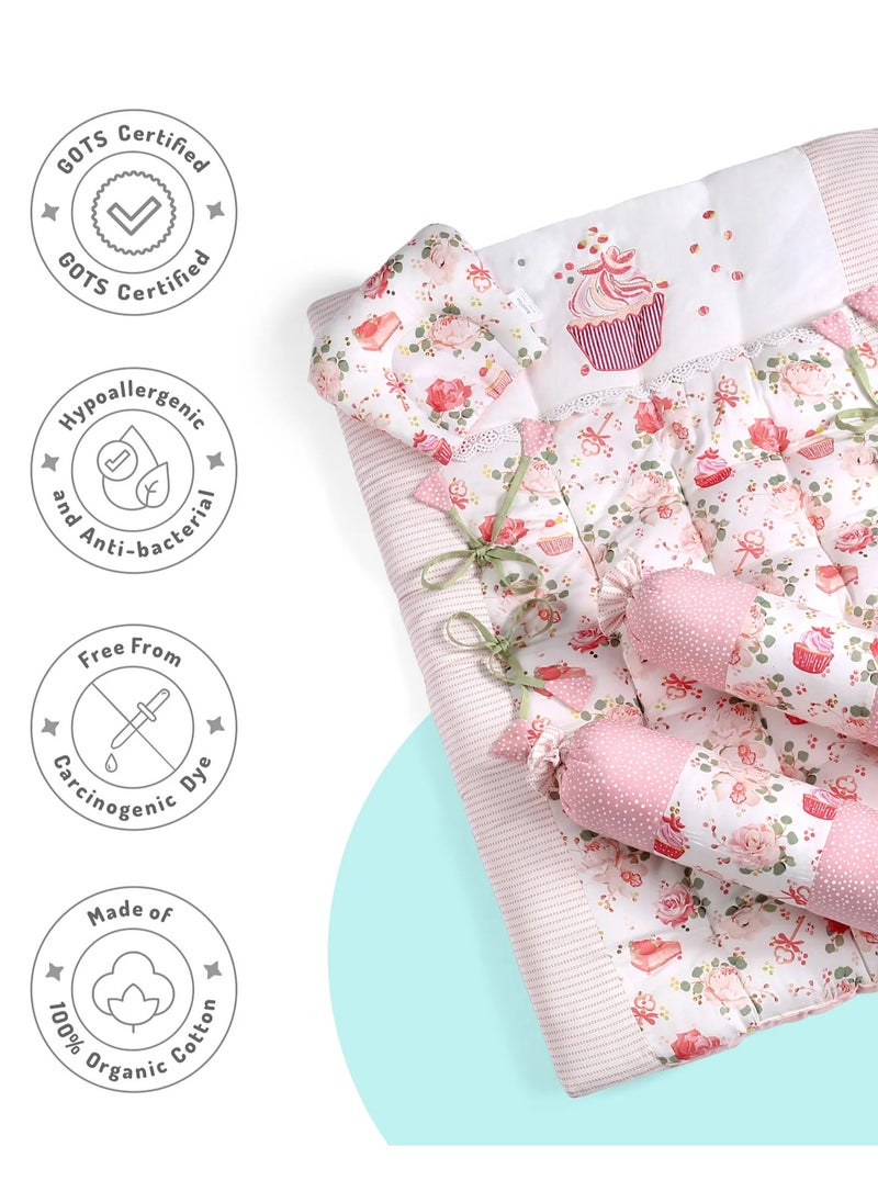 Bonfino Organic Cotton Baby Bedding Set, Cupcake Print, Hypoallergenic, Cozy Quilted Gadda Set with Pillow & Bolsters, 0 to 12 Months, Pink - 4 Pieces