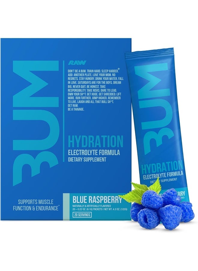 RAW Electrolytes Powder Hydration Drink Mix Packets, BUM Hydrate (Blue Raspberry, 20 Servings), Electrolyte Hydration Packets Support Muscle Function & Endurance, Keto Free Electrolytes Powder Packets