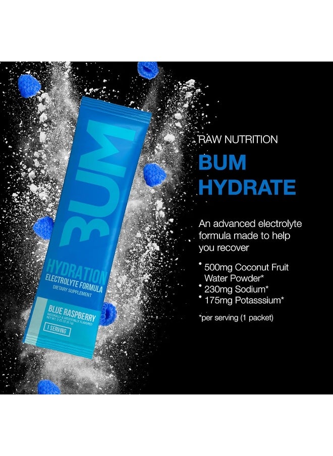 RAW Electrolytes Powder Hydration Drink Mix Packets, BUM Hydrate (Blue Raspberry, 20 Servings), Electrolyte Hydration Packets Support Muscle Function & Endurance, Keto Free Electrolytes Powder Packets