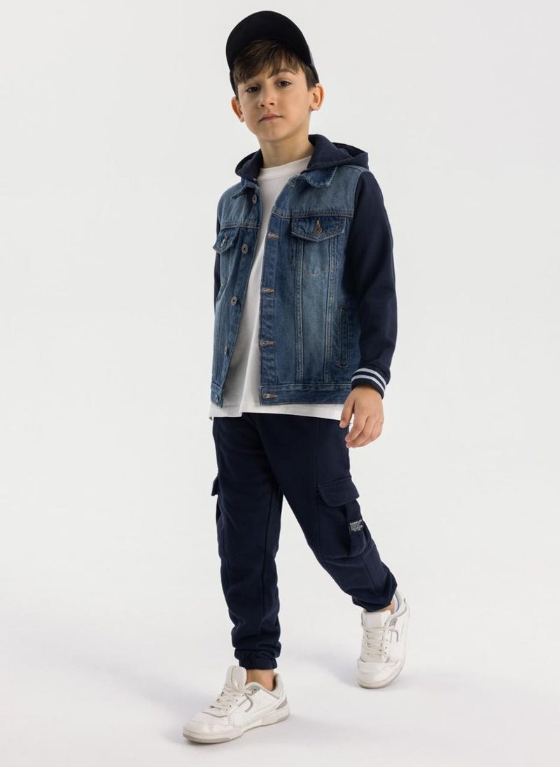 Kids Boys  Denim Jacket With Fleece Hood And Sleeves
