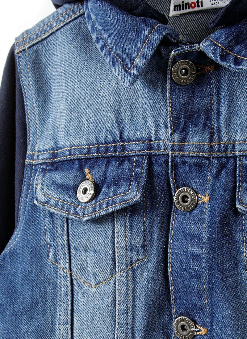 Kids Boys  Denim Jacket With Fleece Hood And Sleeves