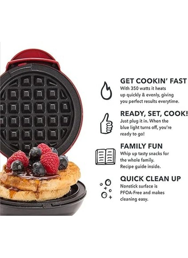 Mini Waffle Maker Round Waffle Iron Grill Machine for Waffle, Cookies, Eggs Individual Waffles for Breakfast，Hash Browns, Grilled Cheeses,Non-stick Surfaces,Easy to Clean (red)