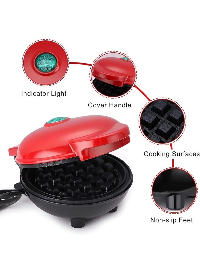 Mini Waffle Maker Round Waffle Iron Grill Machine for Waffle, Cookies, Eggs Individual Waffles for Breakfast，Hash Browns, Grilled Cheeses,Non-stick Surfaces,Easy to Clean (red)