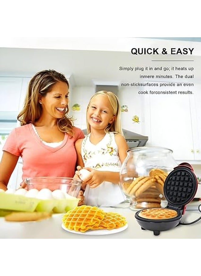 Mini Waffle Maker Round Waffle Iron Grill Machine for Waffle, Cookies, Eggs Individual Waffles for Breakfast，Hash Browns, Grilled Cheeses,Non-stick Surfaces,Easy to Clean (red)