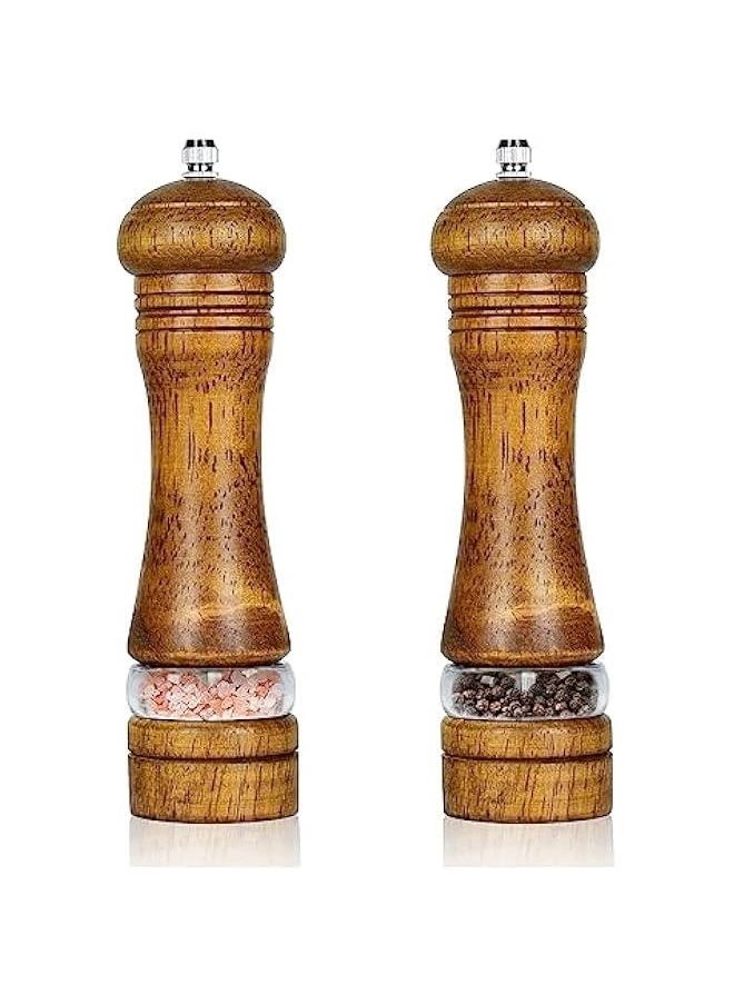 8 Inches Wood Salt and Pepper Mill Set of 2, Pepper Grinders with Transparent Window - Salt Shakers with Adjustable Ceramic Rotor, Ideal Tool for Kitchen