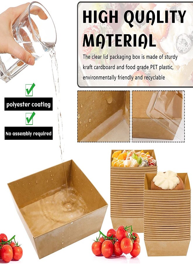 Charlovelyrie Boxes with Clear Lids 50Pcs Brown Oil-Proof Kraft Paper Dessert Boxes Food Containers for Bakery Macaron Cookies Mini Cakes Strawberries Tiramisu Hamburger Packing Box