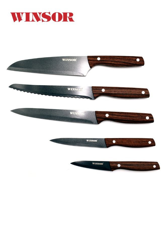 WINSOR 5-Piece Stainless Steel Chef Knife Set with Non-Stick Coating | Wood Pattern Handles and Acrylic Block Kitchen Knife Set - WR80813