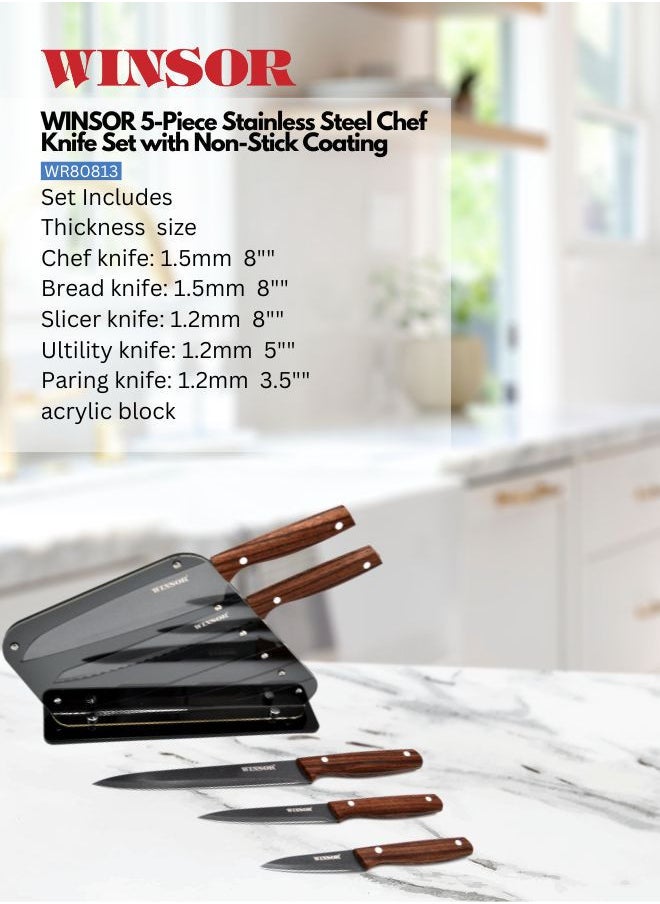WINSOR 5-Piece Stainless Steel Chef Knife Set with Non-Stick Coating | Wood Pattern Handles and Acrylic Block Kitchen Knife Set - WR80813